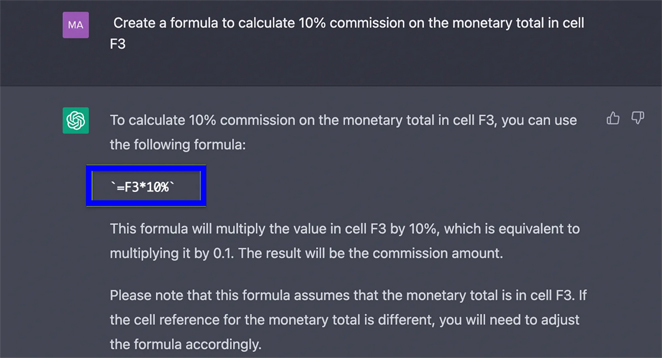 Create a formula to calculate 10% commission ChatGPT